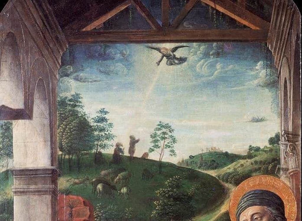 Another shepherd scene with a beaming angel excerpted from the Adoration of the Christ Child, by Vincenzo Foppa, 15th century. 