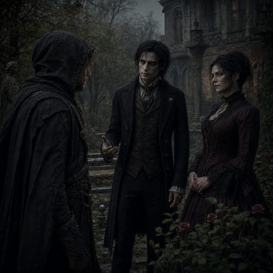 Greegan wiry sandy haired furtive hooded rogue meeting with Victor Vallakovich young haunted mage and Lydia Vallakovich in overgrown garden outside Vallakovich mansion, misty Barovian atmosphere, tension and unease