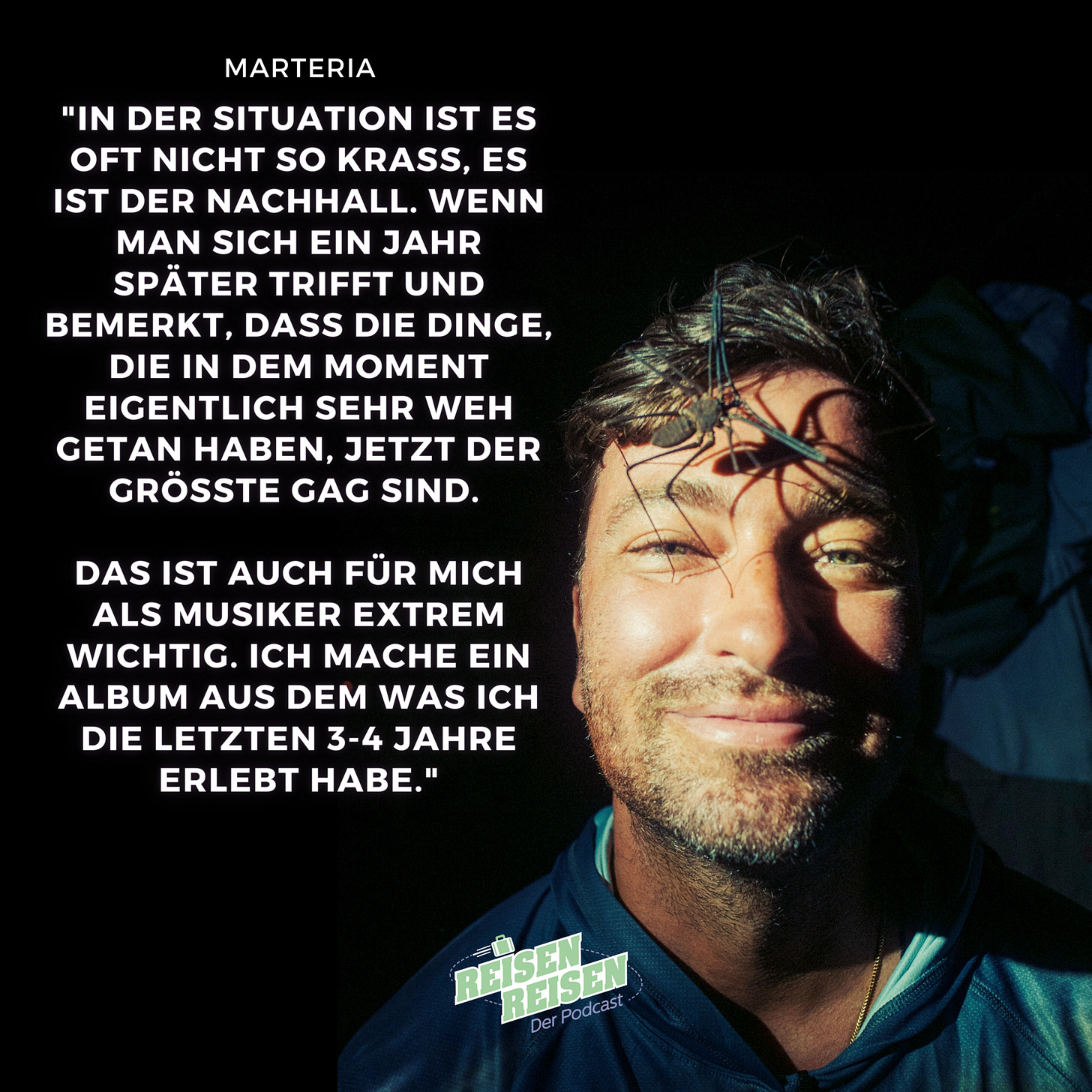 Marteria Der Wald ist nicht genug Amazonas Amazonien. Marteria mit einer großen Spinne im Gesicht, daneben ein Zitat aus der Podcastfolge.