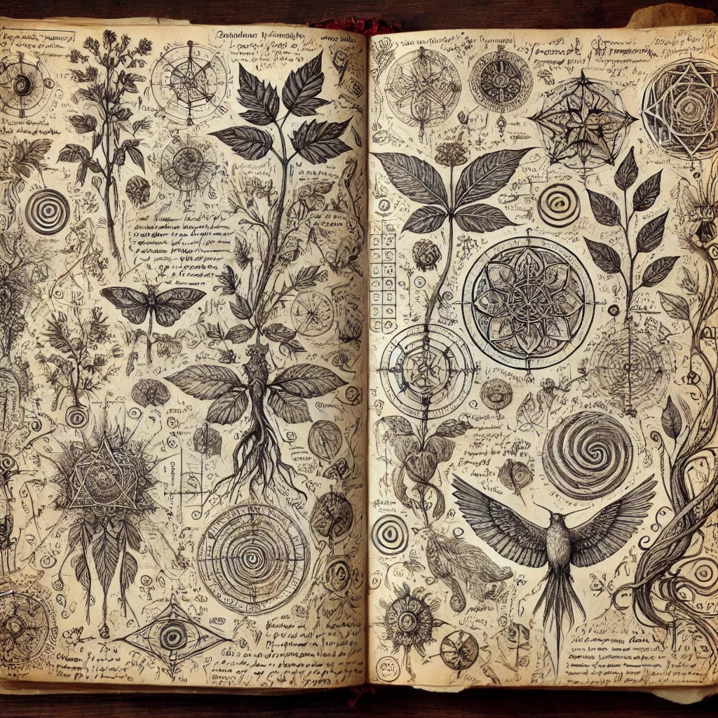 An open sketchbook filled with intricate drawings and notes. The pages feature detailed sketches of plants, animals, and mystical symbols, all intricately intertwined with scientific diagrams and observations. The style is a blend of naturalist illustration and mystical art, with finely drawn leaves, animal anatomy, and symbols like spirals and celestial patterns. The pages are worn, with occasional ink smudges and signs of frequent use, conveying a sense of exploration and discovery. The overall feel is both scientific and mystical, without any headings or titles on the pages. An open sketchbook filled with intricate drawings and notes. The pages feature detailed sketches of plants, animals, and mystical symbols, all intricately intertwined with scientific diagrams and observations. The style is a blend of naturalist illustration and mystical art, with finely drawn leaves, animal anatomy, and symbols like spirals and celestial patterns. The pages are worn, with occasional ink smudges and signs of frequent use, conveying a sense of exploration and discovery. The overall feel is both scientific and mystical, without any headings or titles on the pages.