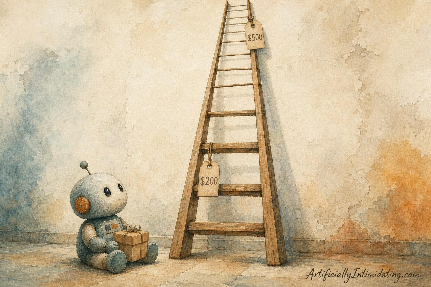 Watercolor of a tall wooden ladder leaning on a plaster wall, with a $200 price tag low on the rungs and a $500 tag near the top. A small plush robot sits at the foot of the ladder holding a tiny gift box.