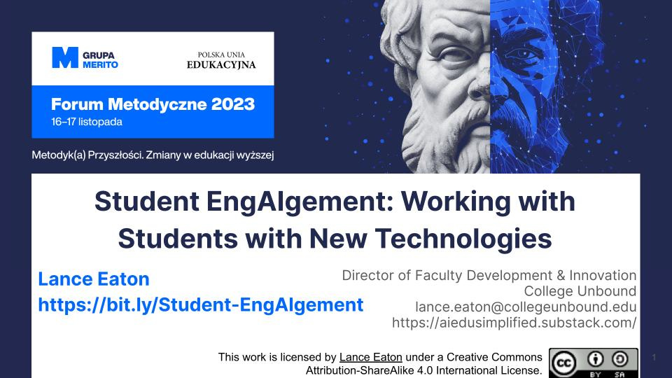 Title slide for the presentation.  It includes some information about the conference that is in Polish.  Also, it includes my title (also below this image) my name, role, and link to this substack and the slidedeck.  There is an image of a half-statue and half-hologram of a character who looks like an ancient greek figure such as Socrates.