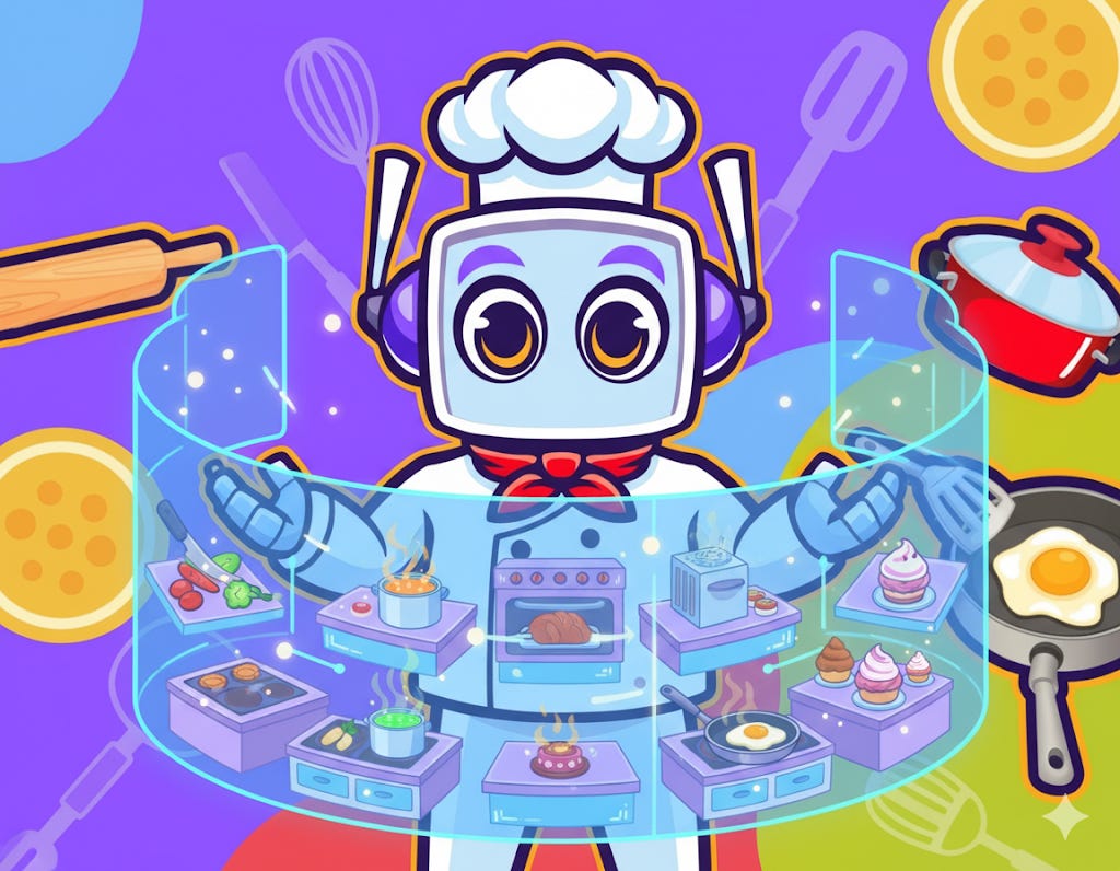 Neuralbuddy chef character displaying a perfectly synchronized holographic kitchen with various cooking stations operating in precise sequence. Neuralbuddy chef character displaying a perfectly synchronized holographic kitchen with various cooking stations operating in precise sequence.