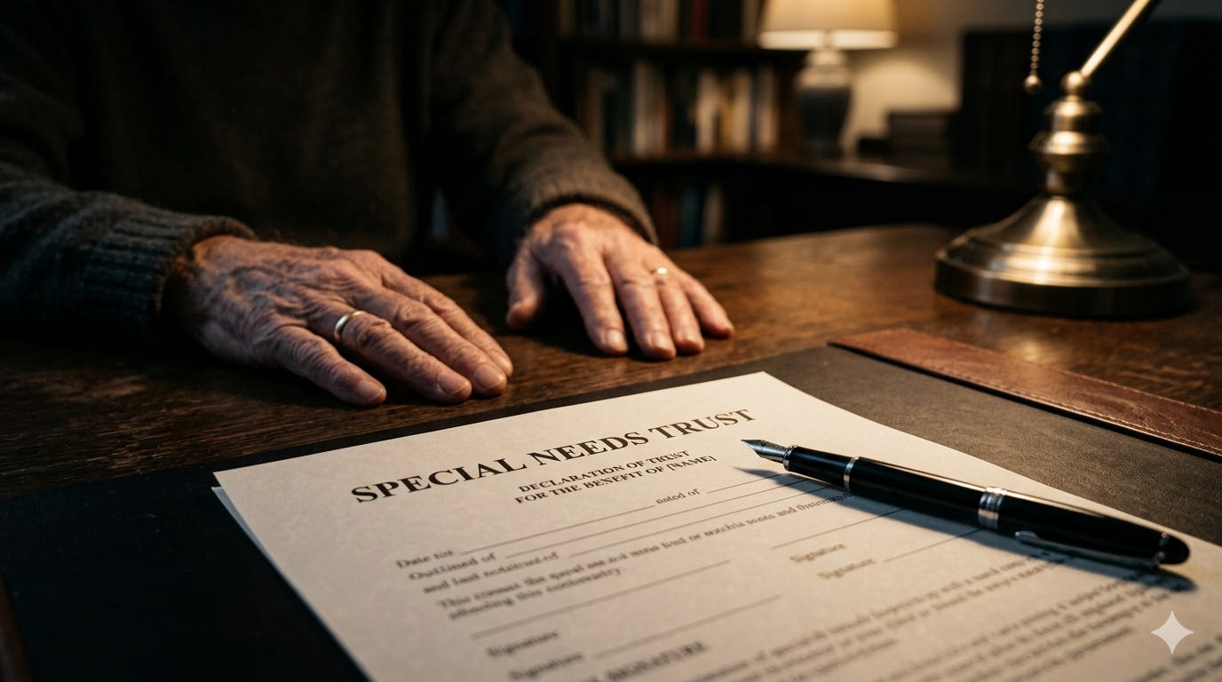 A close-up, high-angle shot of a document titled "Special Needs Trust" lying on a dark wooden desk. A fountain pen rests on the document, and a person’s hands are placed on the desk beside it. The lighting is moody and focused on the legal paper. A close-up, high-angle shot of a document titled "Special Needs Trust" lying on a dark wooden desk. A fountain pen rests on the document, and a person’s hands are placed on the desk beside it. The lighting is moody and focused on the legal paper.