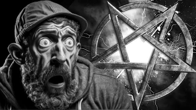 A grayscale digital illustration of a shocked man in a cap positioned next to a metallic, electrified pentagram, symbolizing the collision of human fear and occult philosophy.