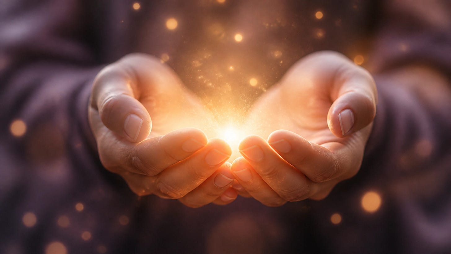 Hands cupped together holding a soft, glowing energy, representing the physical sensation of intuition. Hands cupped together holding a soft, glowing energy, representing the physical sensation of intuition.