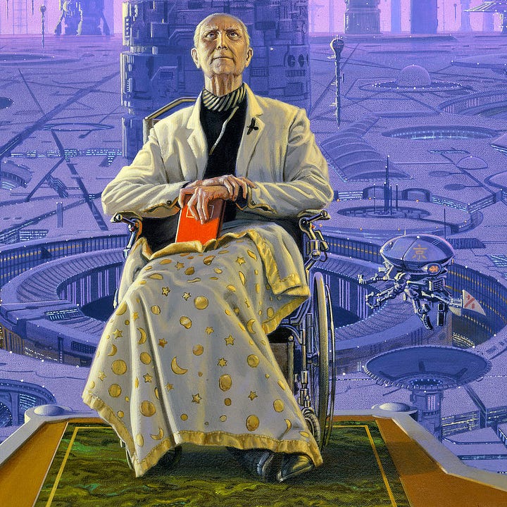 LEFT: Detail of the towers of Trantor set against a sky rendered upward in a gradient of pink to peach. The trunk of each tower is different as are the saucers at the top. Some look like bottle caps, others like spaceships. RIGHT: Close detail of Hari Selden sitting in a wheelchair with a red book propped on his lap. He wears a white jacket with a raven pin on one lapel. Underneath, his shirt is black with a simple round neckline striped with white diagonals. A white blanket trimmed in gold and decorated with stars and planets covers his legs. There is a square of green marble on the platform under him.