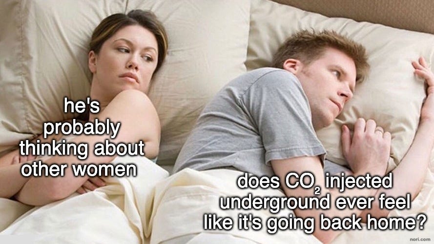 Couple in bed meme. The woman thinks "he's probably thinking about other women." The man thinks "does CO2 injected underground ever feel like it's going back home?"