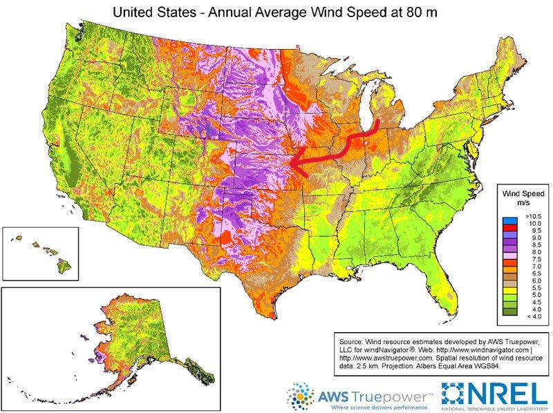 US wind speed map