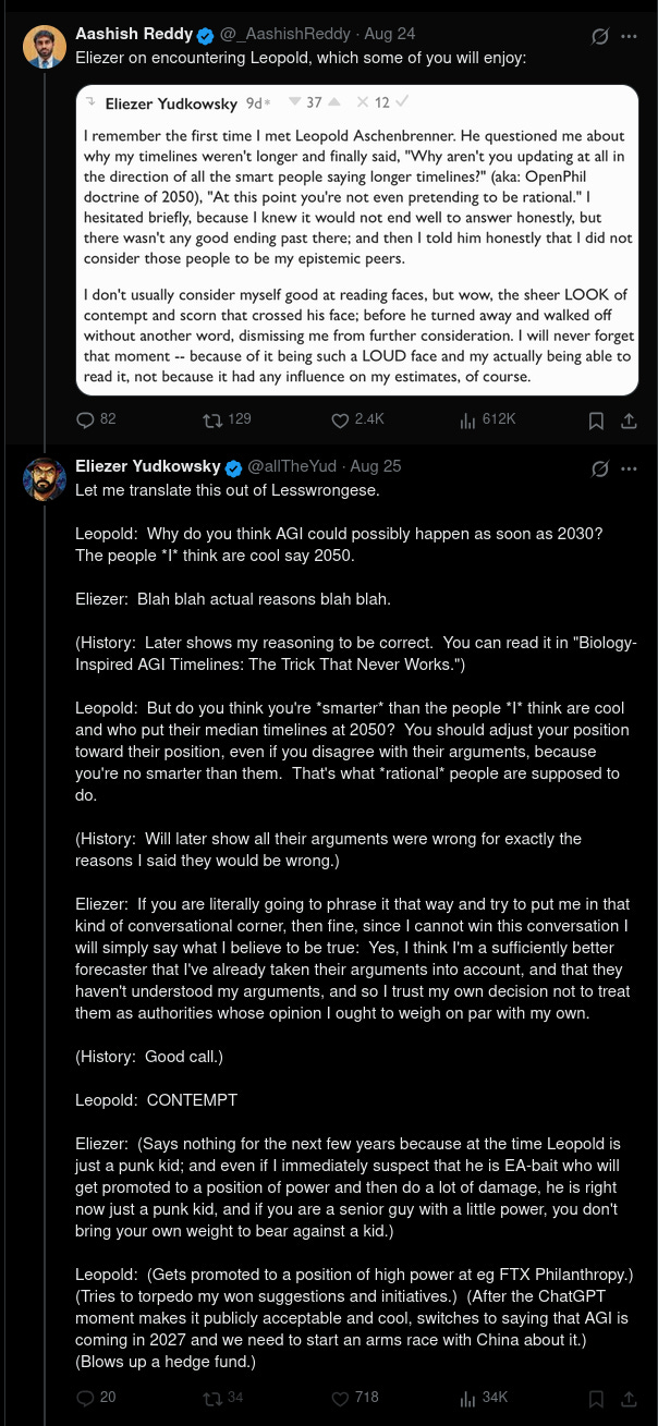 Screenshot of a Twitter/X thread in dark mode, showing a post by Aashish Reddy quoting Eliezer Yudkowsky, followed by a lengthy response from Yudkowsky. The discussion concerns Yudkowsky's encounter with Leopold Aschenbrenner, their disagreement about artificial general intelligence (AGI) timelines, and Yudkowsky's interpretation of the encounter. **Full transcription:** **Aashish Reddy (@_AashishReddy), verified, August 24:** "Eliezer on encountering Leopold, which some of you will enjoy:" The post embeds a screenshot of a post by **Eliezer Yudkowsky**, marked "9d" (nine days ago), containing the following text: "I remember the first time I met Leopold Aschenbrenner. He questioned me about why my timelines weren't longer and finally said, "Why aren't you updating at all in the direction of all the smart people saying longer timelines?" (aka: OpenPhil doctrine of 2050), "At this point you're not even pretending to be rational." I hesitated briefly, because I knew it would not end well to answer honestly, but there wasn't any good ending past there; and then I told him honestly that I did not consider those people to be my epistemic peers. I don't usually consider myself good at reading faces, but wow, the sheer LOOK of contempt and scorn that crossed his face; before he turned away and walked off without another word, dismissing me from further consideration. I will never forget that moment -- because of it being such a LOUD face and my actually being able to read it, not because it had any influence on my estimates, of course." The embedded post shows 82 replies, 129 reposts, 2.4K likes, and 612K views. Below it is a reply by **Eliezer Yudkowsky (@allTheYud), verified, August 25:** "Let me translate this out of Lesswrongese. Leopold: Why do you think AGI could possibly happen as soon as 2030? The people *I* think are cool say 2050. Eliezer: Blah blah actual reasons blah blah. (History: Later shows my reasoning to be correct. You can read it in "Biology-Inspired AGI Timelines: The Trick That Never Works.") Leopold: But do you think you're *smarter* than the people *I* think are cool and who put their median timelines at 2050? You should adjust your position toward their position, even if you disagree with their arguments, because you're no smarter than them. That's what *rational* people are supposed to do. (History: Will later show all their arguments were wrong for exactly the reasons I said they would be wrong.) Eliezer: If you are literally going to phrase it that way and try to put me in that kind of conversational corner, then fine, since I cannot win this conversation I will simply say what I believe to be true: Yes, I think I'm a sufficiently better forecaster that I've already taken their arguments into account, and that they haven't understood my arguments, and so I trust my own decision not to treat them as authorities whose opinion I ought to weigh on par with my own. (History: Good call.) Leopold: CONTEMPT Eliezer: (Says nothing for the next few years because at the time Leopold is just a punk kid; and even if I immediately suspect that he is EA-bait who will get promoted to a position of power and then do a lot of damage, he is right now just a punk kid, and if you are a senior guy with a little power, you don't bring your own weight to bear against a kid.) Leopold: (Gets promoted to a position of high power at eg FTX Philanthropy.) (Tries to torpedo my won suggestions and initiatives.) (After the ChatGPT moment makes it publicly acceptable and cool, switches to saying that AGI is coming in 2027 and we need to start an arms race with China about it.) (Blows up a hedge fund.)" The response shows 20 replies, 34 reposts, 718 likes, and 34K views. The screenshot includes profile pictures, blue verification badges, engagement icons, and a vertical thread line connecting the posts. Screenshot of a Twitter/X thread in dark mode, showing a post by Aashish Reddy quoting Eliezer Yudkowsky, followed by a lengthy response from Yudkowsky. The discussion concerns Yudkowsky's encounter with Leopold Aschenbrenner, their disagreement about artificial general intelligence (AGI) timelines, and Yudkowsky's interpretation of the encounter. **Full transcription:** **Aashish Reddy (@_AashishReddy), verified, August 24:** "Eliezer on encountering Leopold, which some of you will enjoy:" The post embeds a screenshot of a post by **Eliezer Yudkowsky**, marked "9d" (nine days ago), containing the following text: "I remember the first time I met Leopold Aschenbrenner. He questioned me about why my timelines weren't longer and finally said, "Why aren't you updating at all in the direction of all the smart people saying longer timelines?" (aka: OpenPhil doctrine of 2050), "At this point you're not even pretending to be rational." I hesitated briefly, because I knew it would not end well to answer honestly, but there wasn't any good ending past there; and then I told him honestly that I did not consider those people to be my epistemic peers. I don't usually consider myself good at reading faces, but wow, the sheer LOOK of contempt and scorn that crossed his face; before he turned away and walked off without another word, dismissing me from further consideration. I will never forget that moment -- because of it being such a LOUD face and my actually being able to read it, not because it had any influence on my estimates, of course." The embedded post shows 82 replies, 129 reposts, 2.4K likes, and 612K views. Below it is a reply by **Eliezer Yudkowsky (@allTheYud), verified, August 25:** "Let me translate this out of Lesswrongese. Leopold: Why do you think AGI could possibly happen as soon as 2030? The people *I* think are cool say 2050. Eliezer: Blah blah actual reasons blah blah. (History: Later shows my reasoning to be correct. You can read it in "Biology-Inspired AGI Timelines: The Trick That Never Works.") Leopold: But do you think you're *smarter* than the people *I* think are cool and who put their median timelines at 2050? You should adjust your position toward their position, even if you disagree with their arguments, because you're no smarter than them. That's what *rational* people are supposed to do. (History: Will later show all their arguments were wrong for exactly the reasons I said they would be wrong.) Eliezer: If you are literally going to phrase it that way and try to put me in that kind of conversational corner, then fine, since I cannot win this conversation I will simply say what I believe to be true: Yes, I think I'm a sufficiently better forecaster that I've already taken their arguments into account, and that they haven't understood my arguments, and so I trust my own decision not to treat them as authorities whose opinion I ought to weigh on par with my own. (History: Good call.) Leopold: CONTEMPT Eliezer: (Says nothing for the next few years because at the time Leopold is just a punk kid; and even if I immediately suspect that he is EA-bait who will get promoted to a position of power and then do a lot of damage, he is right now just a punk kid, and if you are a senior guy with a little power, you don't bring your own weight to bear against a kid.) Leopold: (Gets promoted to a position of high power at eg FTX Philanthropy.) (Tries to torpedo my won suggestions and initiatives.) (After the ChatGPT moment makes it publicly acceptable and cool, switches to saying that AGI is coming in 2027 and we need to start an arms race with China about it.) (Blows up a hedge fund.)" The response shows 20 replies, 34 reposts, 718 likes, and 34K views. The screenshot includes profile pictures, blue verification badges, engagement icons, and a vertical thread line connecting the posts.