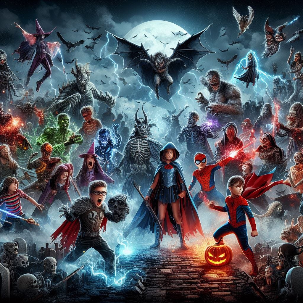 Kids in halloween costumes battling against scary monsters