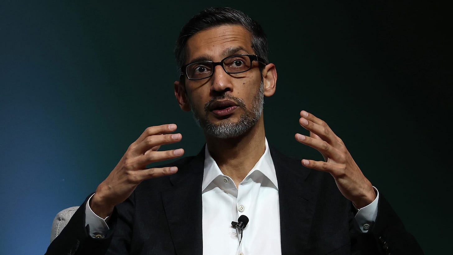 STANFORD, CALIFORNIA - APRIL 03: Google CEO Sundar Pichai speaks during the Stanford Business, Government, and Society Forum at Stanford University on April 03, 2024 in Stanford, California. Pichai spoke at Stanfordās first Business, Government, and Society Forum with the theme of responsible leadership in a polarized world. (Photo by Justin Sullivan/Getty Images) STANFORD, CALIFORNIA - APRIL 03: Google CEO Sundar Pichai speaks during the Stanford Business, Government, and Society Forum at Stanford University on April 03, 2024 in Stanford, California. Pichai spoke at Stanfordās first Business, Government, and Society Forum with the theme of responsible leadership in a polarized world. (Photo by Justin Sullivan/Getty Images)