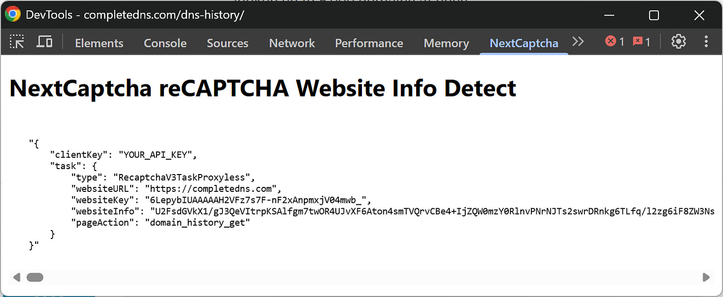 The output produced by the NextCaptcha reCAPTCHA WebsiteInfo CAPTURE extension in the “NextCaptcha” tab The output produced by the NextCaptcha reCAPTCHA WebsiteInfo CAPTURE extension in the “NextCaptcha” tab