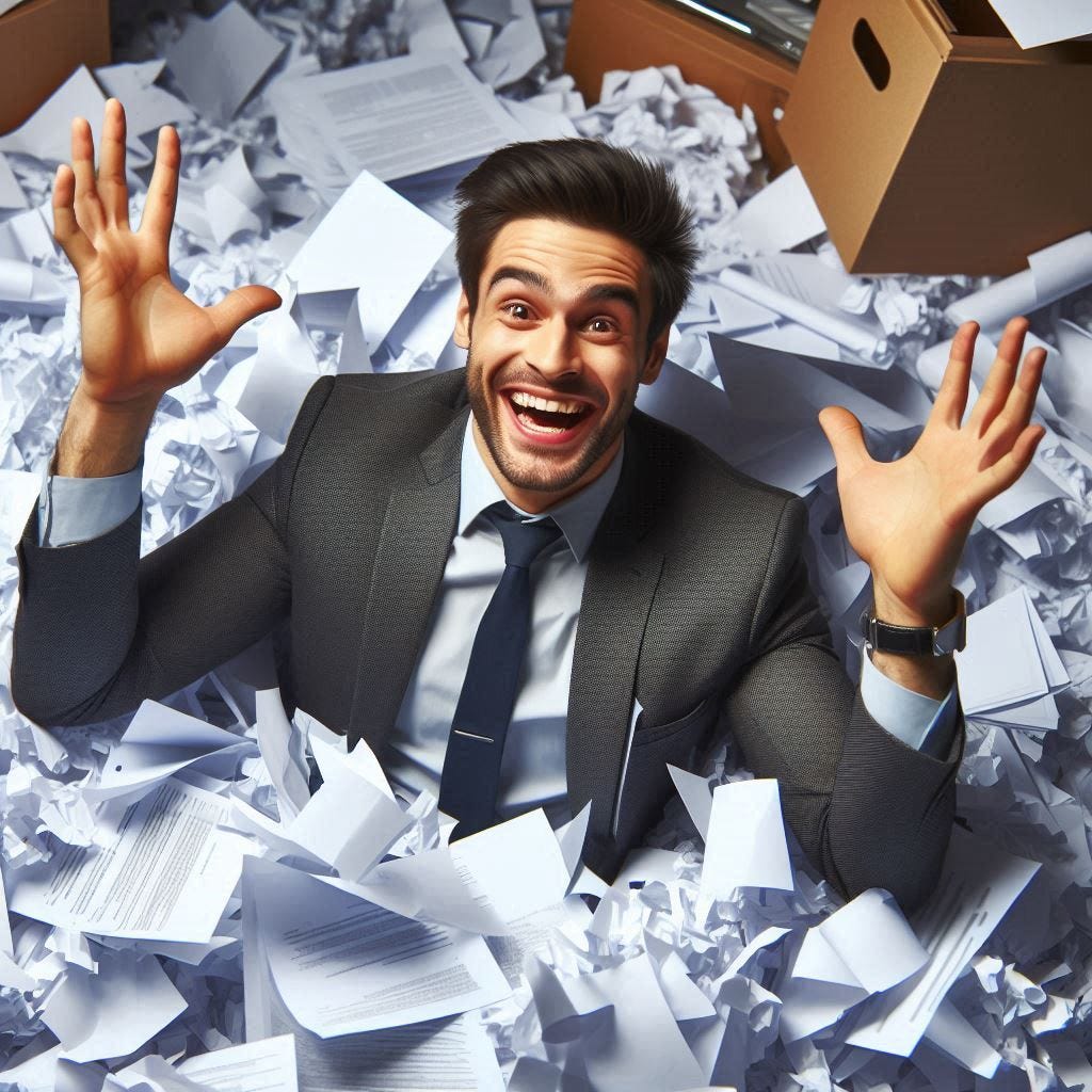 Imagen de un empresario feliz en medio de un desastre de papeles