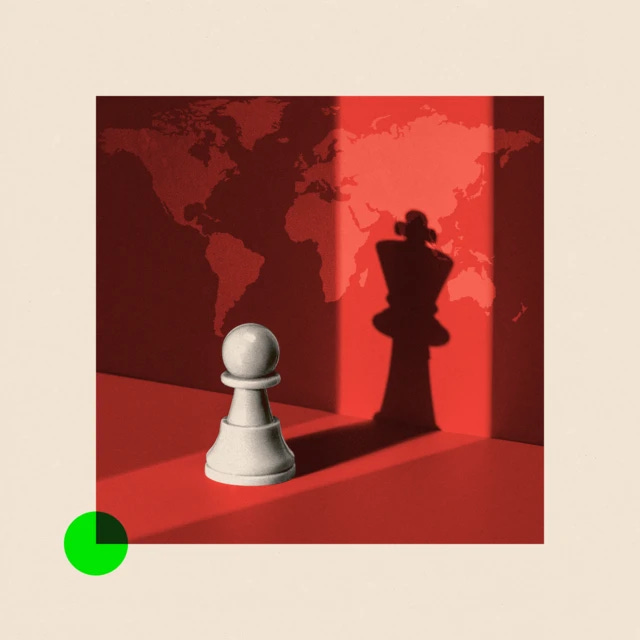 A treated image of a white pawn chess piece with the shadow of a king piece against the backdrop of a world map.