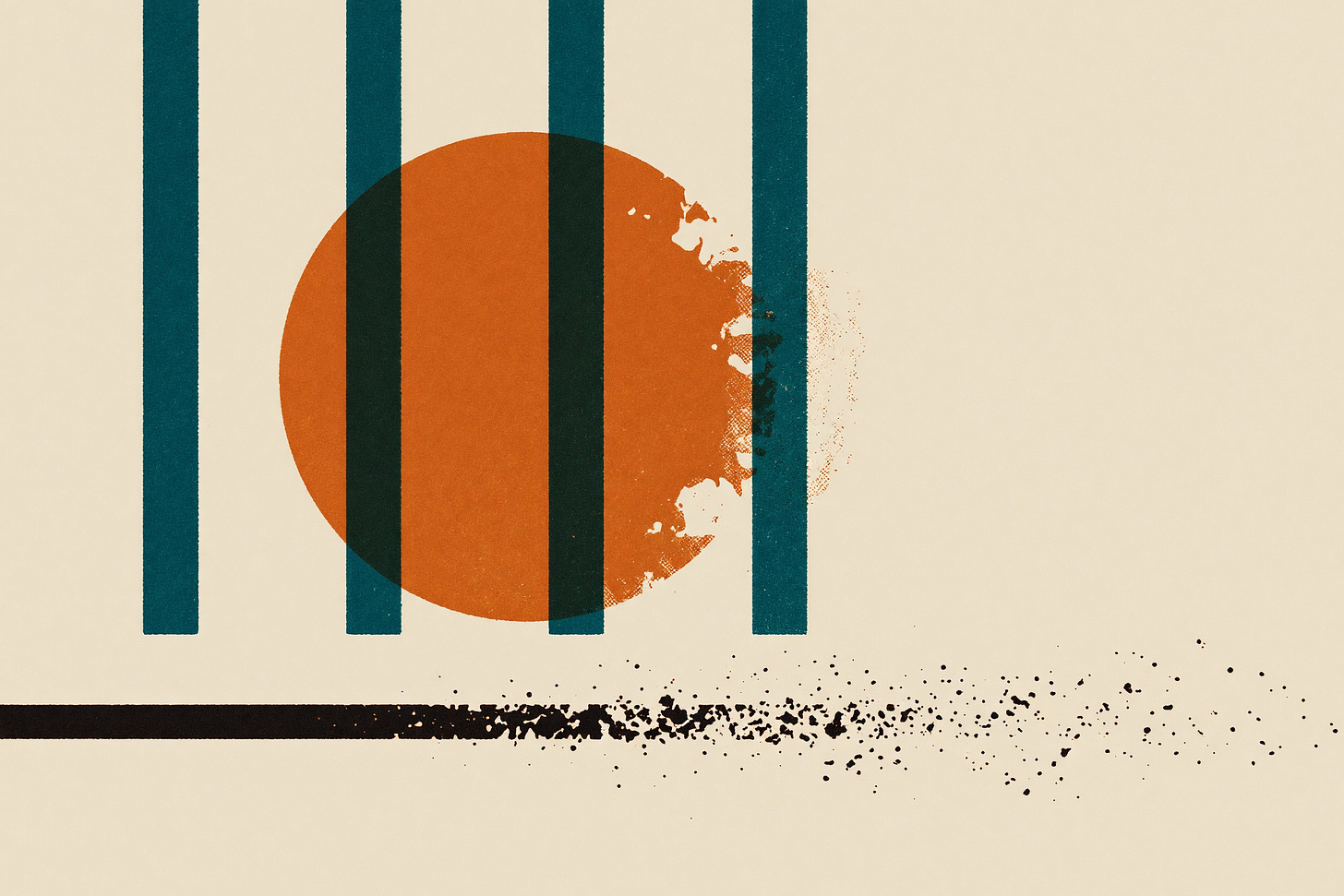 Abstract risograph illustration: four bold teal tally strokes standing in a row with empty paper where a fifth would fall, a broken orange stamp impression behind them, and a black rule that disintegrates into scattered grain before reaching the edge