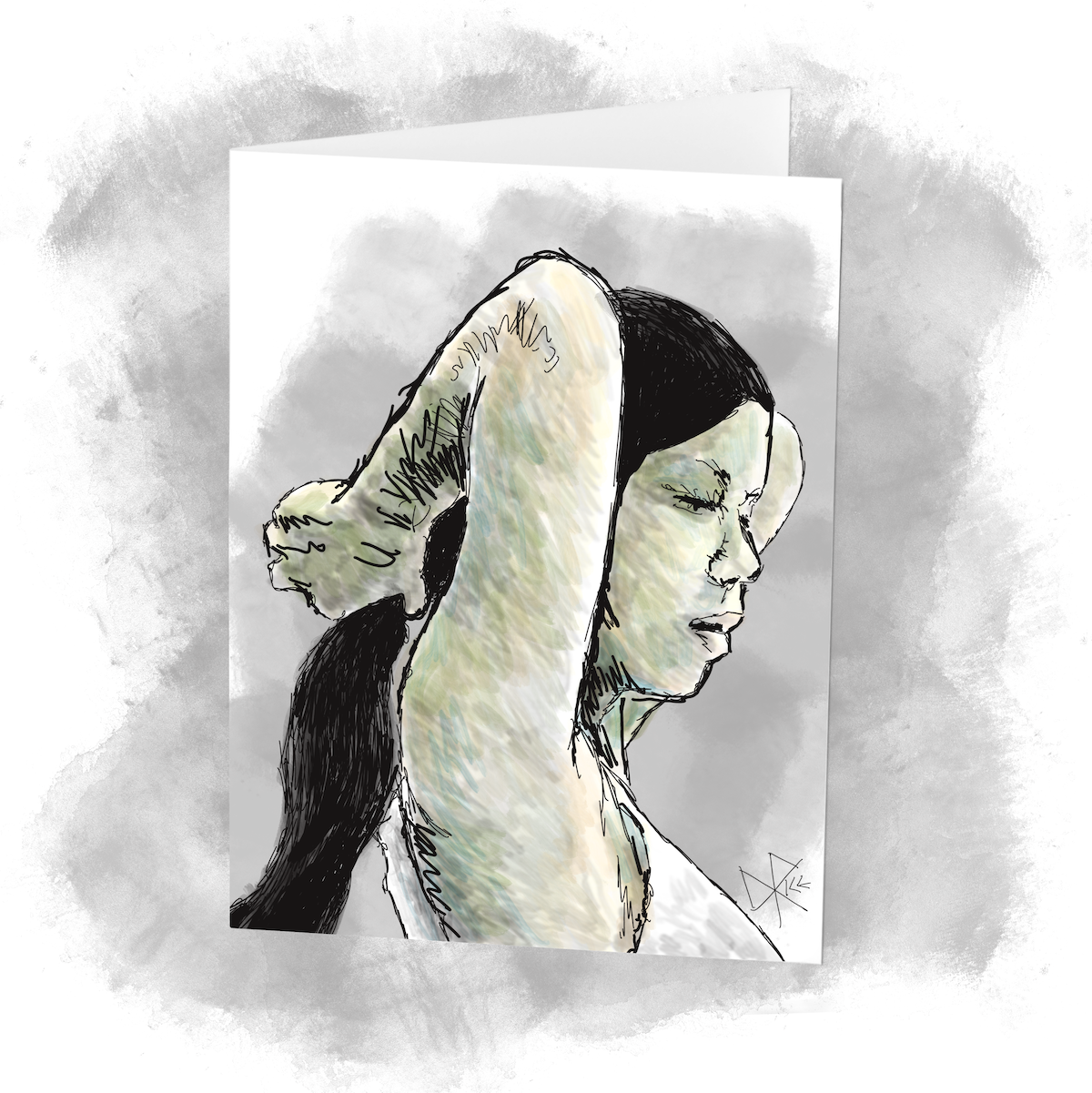 A woman grabs ahold of her hair to form a ponytail before getting to work. Sketch art by Don Rice. A woman grabs ahold of her hair to form a ponytail before getting to work. Sketch art by Don Rice.
