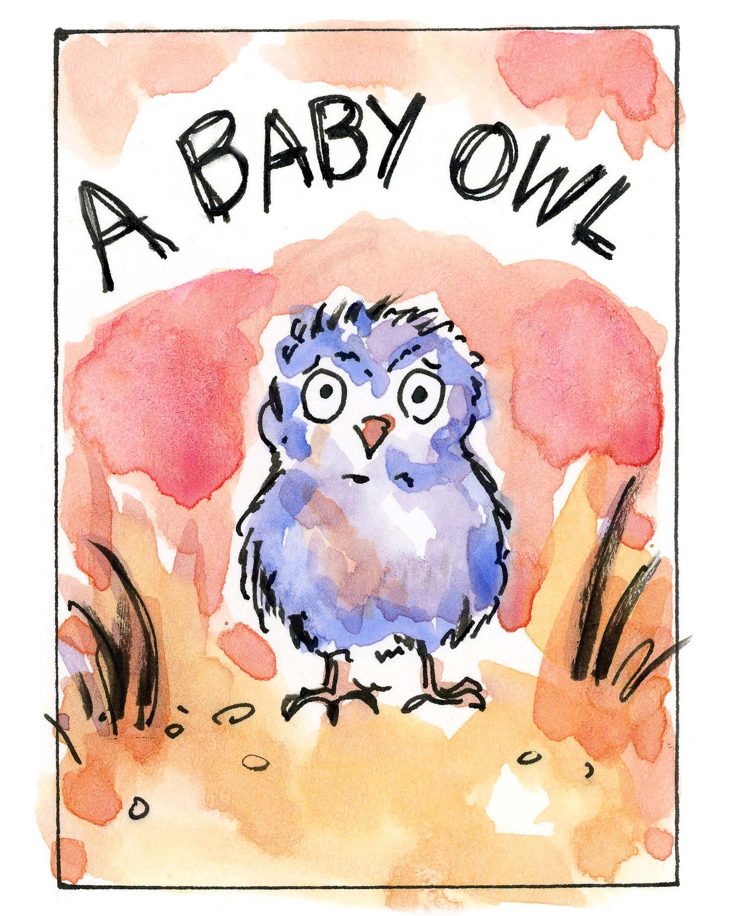 Watercolor comic page by graphic novelist K. Woodman-Maynard about meeting a baby owl. Comic text reads: ”A baby owl!”