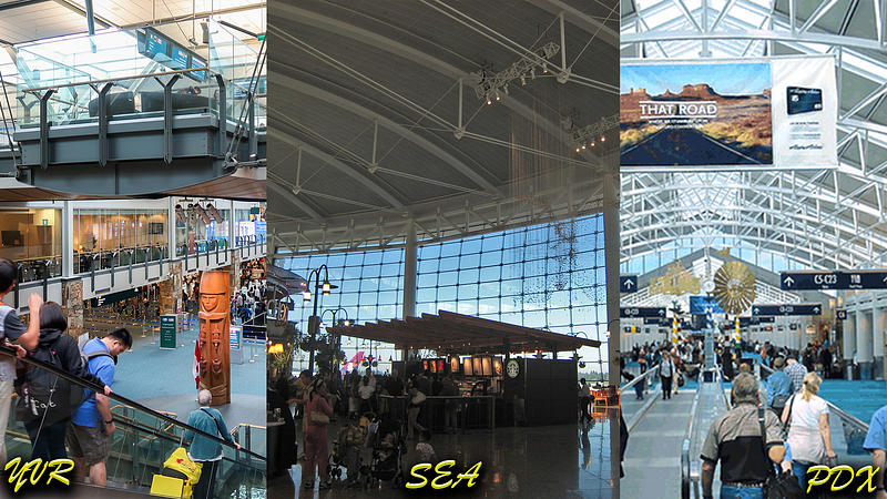 Interior pictures of YVR, SEA, and PDX airports