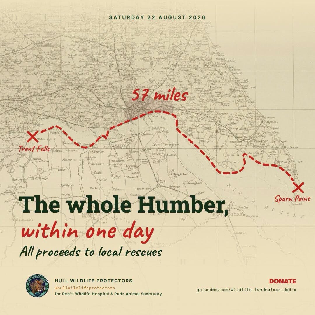 May be a graphic of map and text that says 'ATURDAY SATURDAY22AUGUST2026 22 AUGUST 2026 57 miles Trent Falls SProlay Vamston indry ReCC x Spurn SpuruPoint Point The whole Humber, CKeaT within one day All proceeds to local rescues HULL WILDLIFE PROTECTORS ahullwi diifaprotectora for Ren's Wildlife Hospital Pudz Animal Sanctuary DONATE gofundne. gpftndn.comed1f-ere ildlife-'