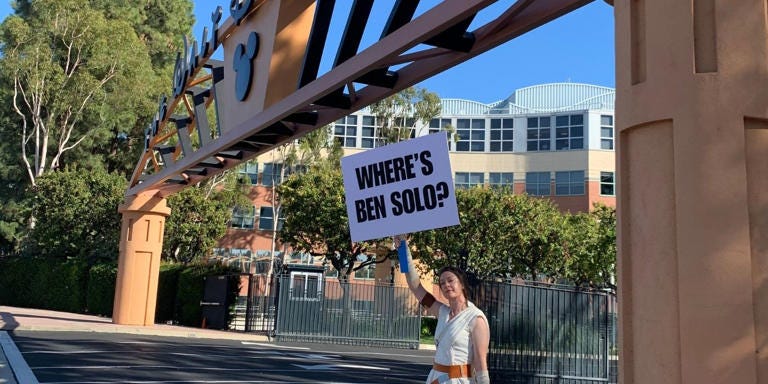Star Wars Fan Dressed as Rey Protests Outside Walt Disney Studios for Adam Driver's Cancelled Ben Solo Movie [Exclusive]