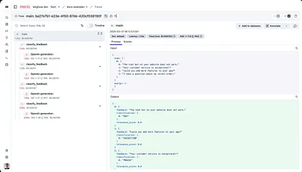Screenshot of the Langfuse “Traces” view showing a run named “main.” The left panel lists steps alternating between classify_feedback and OpenAI-generation. The main panel displays JSON Input with four customer messages (“The chat bot on your website does not work.” “Your customer service is exceptional!” “Could you add more features to your app?” “I have a question about my recent order.”) and Output where each is labeled with a class and relevance score: BUG, SUGGESTION, PRAISE, and QUESTION (each around 0.8–0.9).