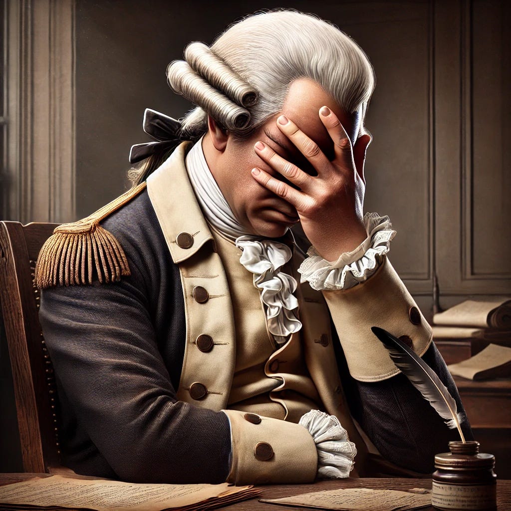 A U.S. Founding Father, depicted with a facepalm expression and seated at a writing desk
