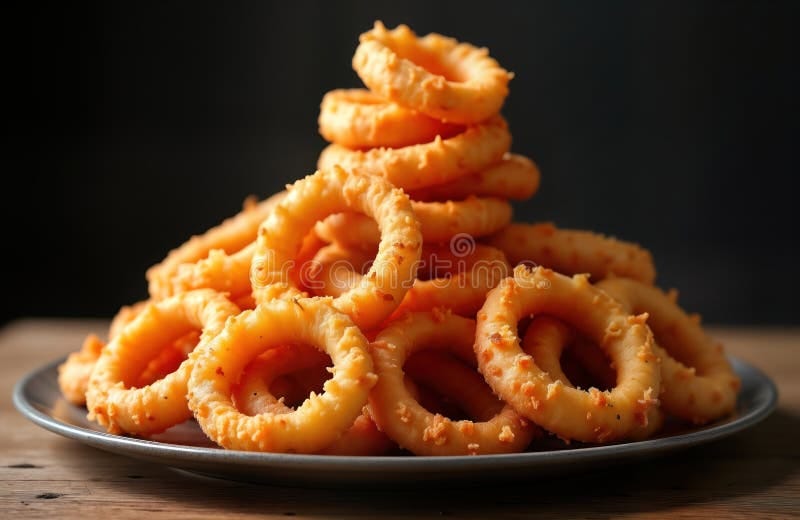 Crispy Onion Rings Stacked High on Plate. Close-up View of Delicious Fried  Snack. Indoor Setting. Ready-to-eat Food. Tasty, Stock Illustration -  Illustration of people, vegetable: 353420666