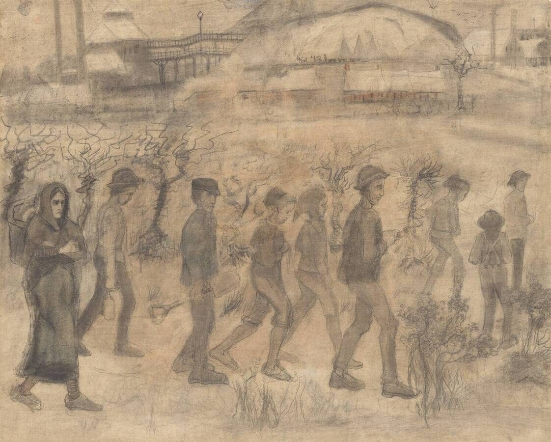 Drawing of miners, men and women, walking in a line through snow along a hedge on their way to the pit. Drawing of miners, men and women, walking in a line through snow along a hedge on their way to the pit.
