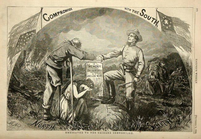 Cartoon showing a Southern veteran and a Northern veteran (missing a leg) shaking hands over a tombstone that reads "In Memory of Union Heroes in a Useless War." In the background, an African American family kneels in chains. 