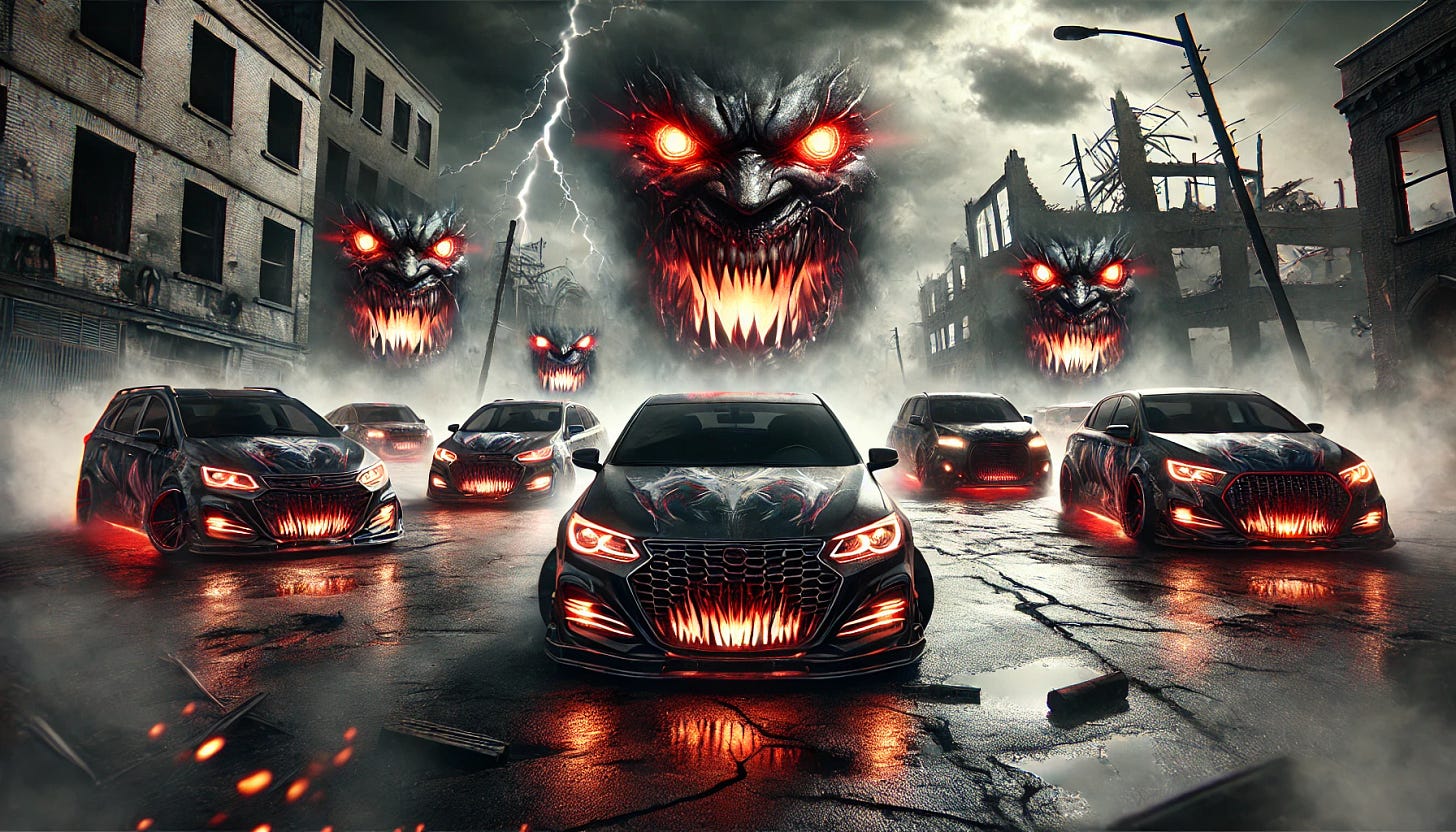A realistic scene of cars depicted as demons. Each car has demonic features, such as fiery eyes in the headlights, snarling mouths with sharp teeth in the grilles, and sinister, dark red and black auras. The scene is set in a desolate urban environment with broken buildings and flickering streetlights. The sky is stormy with dark clouds and flashes of lightning, creating a menacing atmosphere. The cars look aggressive and terrifying, as if ready to pounce.