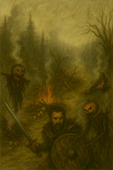 The Luna River Crossroads lies in smoldering ruin. The barricade of bramble and thorn is reduced to charred splinters, smoke curling upward in lazy tendrils. Scarecrow husks lie collapsed on either side of the road, their pumpkin heads shattered and burlap limbs scorched. The ground is littered with ash and broken twigs, and the mist hangs heavy, tinged with the scent of burnt herbs and sap. Faint embers glow in the underbrush, and the air is still, as if holding its breath. The atmosphere is eerie, quiet, and filled with the weight of recent violence.