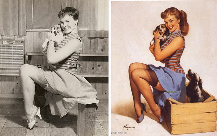 See reality meet art: this real woman and her playful puppy transformed into one of Gil Elvgren's iconic pin-up illustrations. See reality meet art: this real woman and her playful puppy transformed into one of Gil Elvgren's iconic pin-up illustrations.