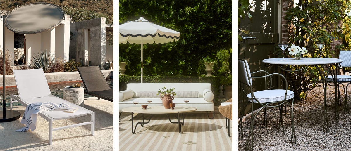 White outdoor lounge chair; white outdoor sofa with metal frame;  metal bistro set with striped cushions