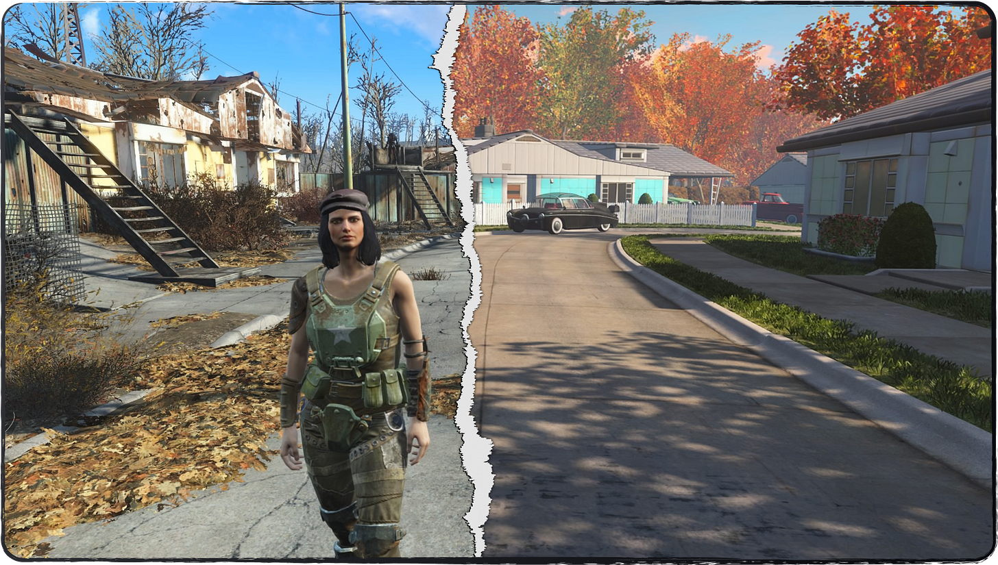 A before and after photo showing Piper and the Wasteland on the left, with the original neighborhood from the pre-War on the right side!