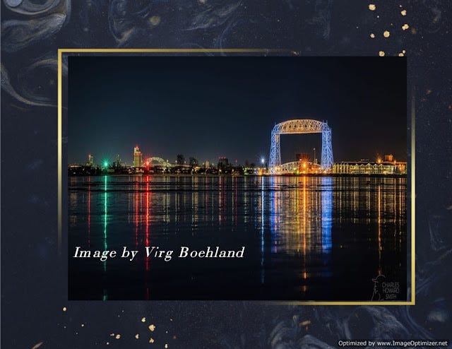 Aerial Lift Bridge with Lights Reflecting on Water