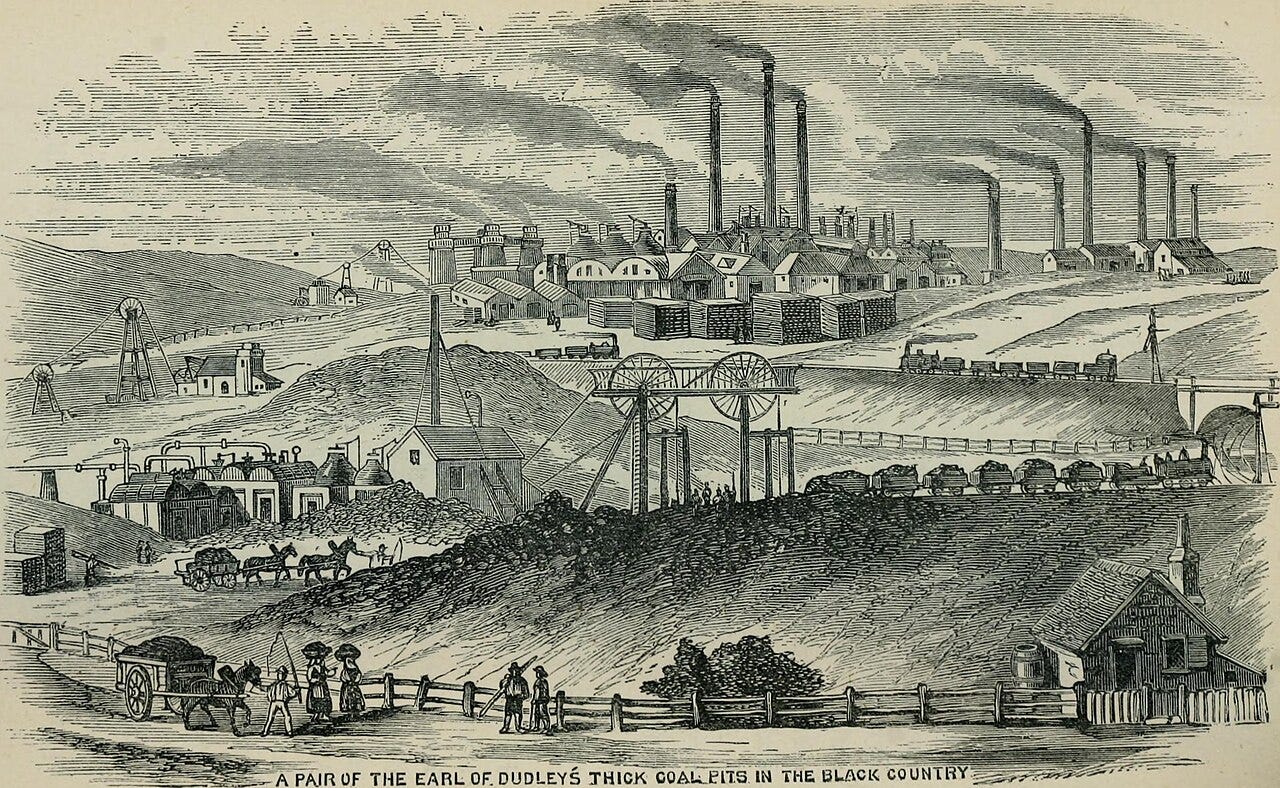 Smokestacks and mining machinery sprawl across a hilly countryside. Original caption reads, "A PAIR OF THE EARL OF DUDLEY'S THICK COAL PITS IN THE BLACK COUNTRY"