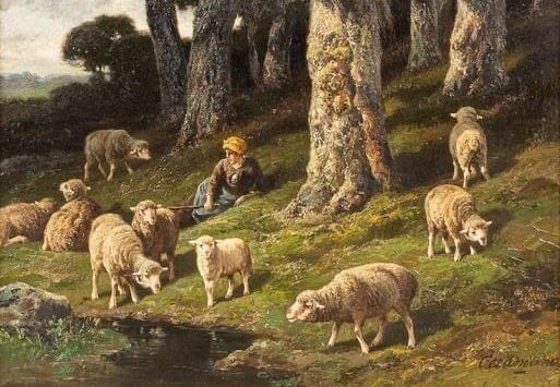 This may contain: a painting of sheep grazing in a wooded area next to a river with trees and other animals