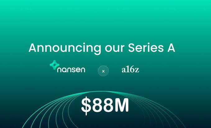 A green background with white text reading "Announcing our Series A" and "$88M". Logos for Nansen and a16z are visible, along with circular design elements in lighter green. A green background with white text reading "Announcing our Series A" and "$88M". Logos for Nansen and a16z are visible, along with circular design elements in lighter green.
