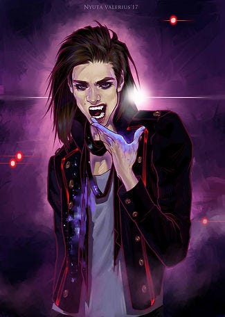 Punk vampire cleaning blood from their lip and fang.