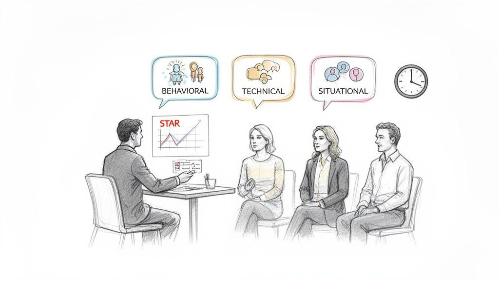 An interviewer discusses behavioral, technical, and situational skills with three job candidates using the STAR method.