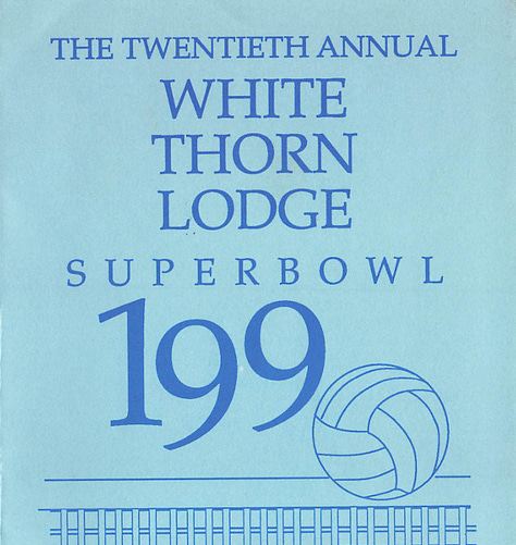 Three vintage program covers for the White Thorn Lodge Superbowl of Volleyball. The 1989 cover (20th annual) is blue with bold text and a volleyball illustration. The 1991 cover (21st annual) is yellow with green text and a similar volleyball design. The 1994 cover (24th annual) is bright yellow, featuring two stylized volleyball players mid-action with the initials “WTL.”