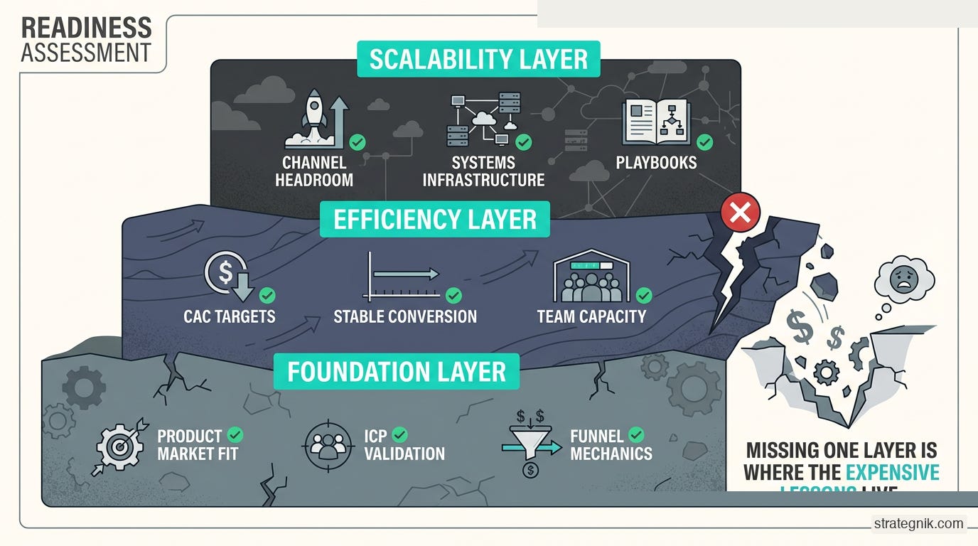 Three-layer readiness model — foundation, efficiency, and scalability must all be present before scaling Three-layer readiness model — foundation, efficiency, and scalability must all be present before scaling