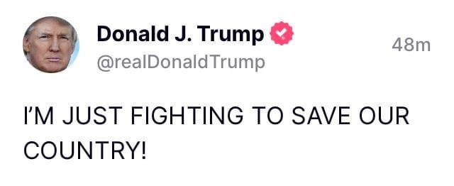 May be a cartoon of 1 person and text that says 'Donald J. Trump @realDonaldTrump 48m I'M JUST FIGHTING ΤΟ SAVE OUR COUNTRY!'