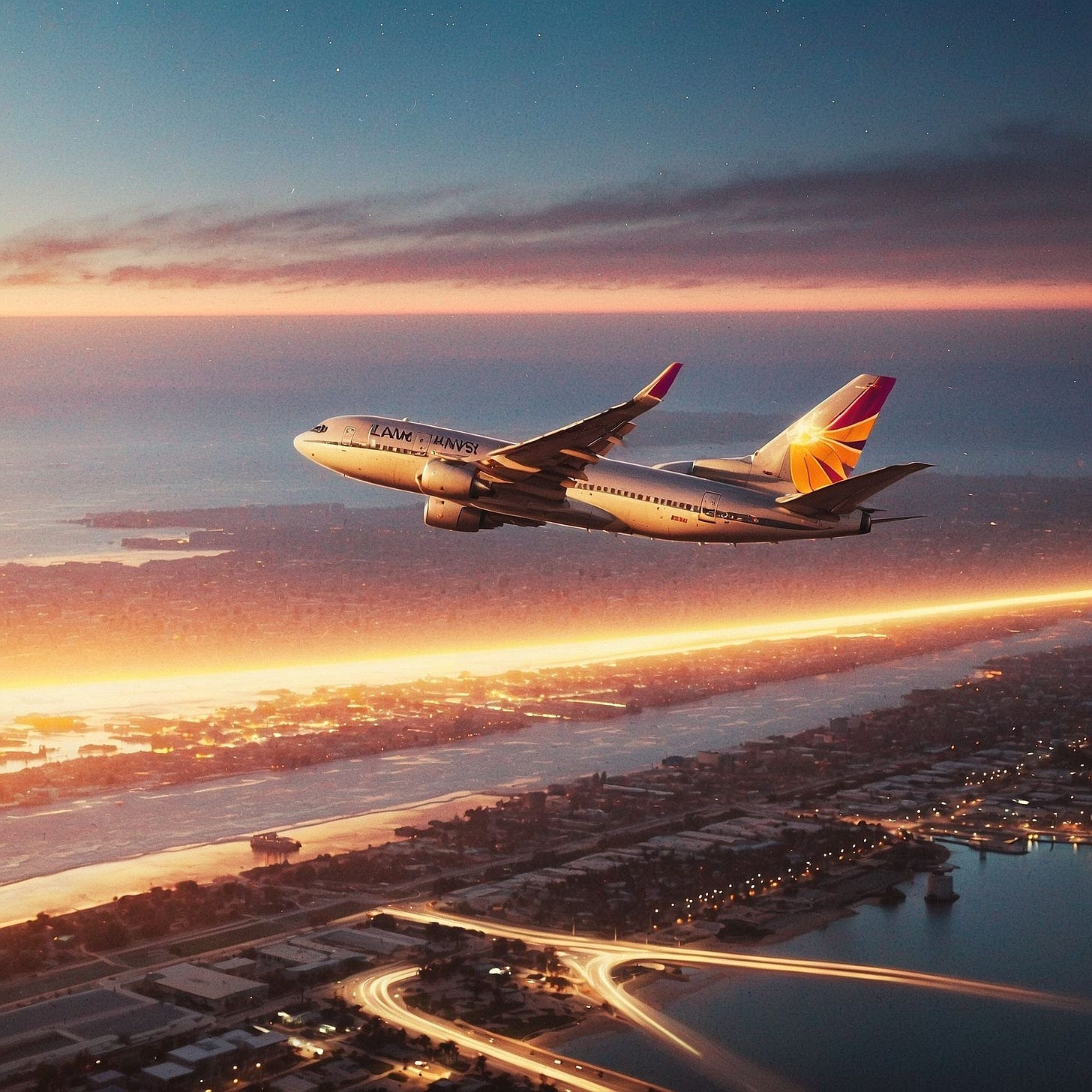 Ultra-realistic view from a commercial airplane taking off westward from LAX at dawn, as seen from the passenger window. The plane ascends gently over the Los Angeles coastline with the Pacific Ocean stretching out ahead. The sun rises behind the aircraft, casting golden-pink light over the landscape. In the far distance, another plane is visible — tiny, far below or far ahead — obeying safe altitude and airspace distance. No nearby planes, no head-on aircraft. Realistic aviation perspective with proper flight separation. The city skyline is hazy in the rear, and soft morning clouds drift above the horizon. Wingtip visible in the foreground with realistic lighting reflections. Gentle lens flare, slight window glare, high realism with cinematic atmosphere Ultra-realistic view from a commercial airplane taking off westward from LAX at dawn, as seen from the passenger window. The plane ascends gently over the Los Angeles coastline with the Pacific Ocean stretching out ahead. The sun rises behind the aircraft, casting golden-pink light over the landscape. In the far distance, another plane is visible — tiny, far below or far ahead — obeying safe altitude and airspace distance. No nearby planes, no head-on aircraft. Realistic aviation perspective with proper flight separation. The city skyline is hazy in the rear, and soft morning clouds drift above the horizon. Wingtip visible in the foreground with realistic lighting reflections. Gentle lens flare, slight window glare, high realism with cinematic atmosphere