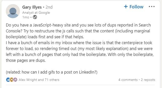 Gary Illyes, recommended restructure the JS calls such that the content loads first Gary Illyes, recommended restructure the JS calls such that the content loads first