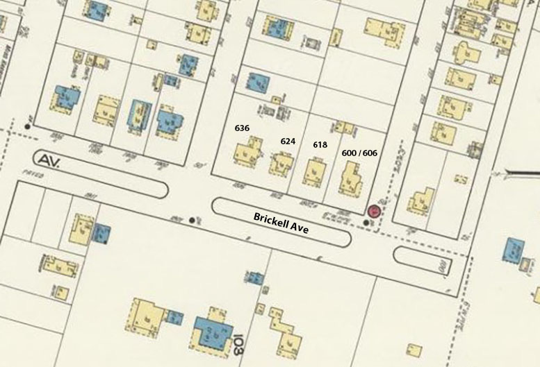 Sanborn Map of the 600 block of Brickell Avenue in 1918. The addresses that were added are based on today’s address scheme. Courtesy of University of Florida.