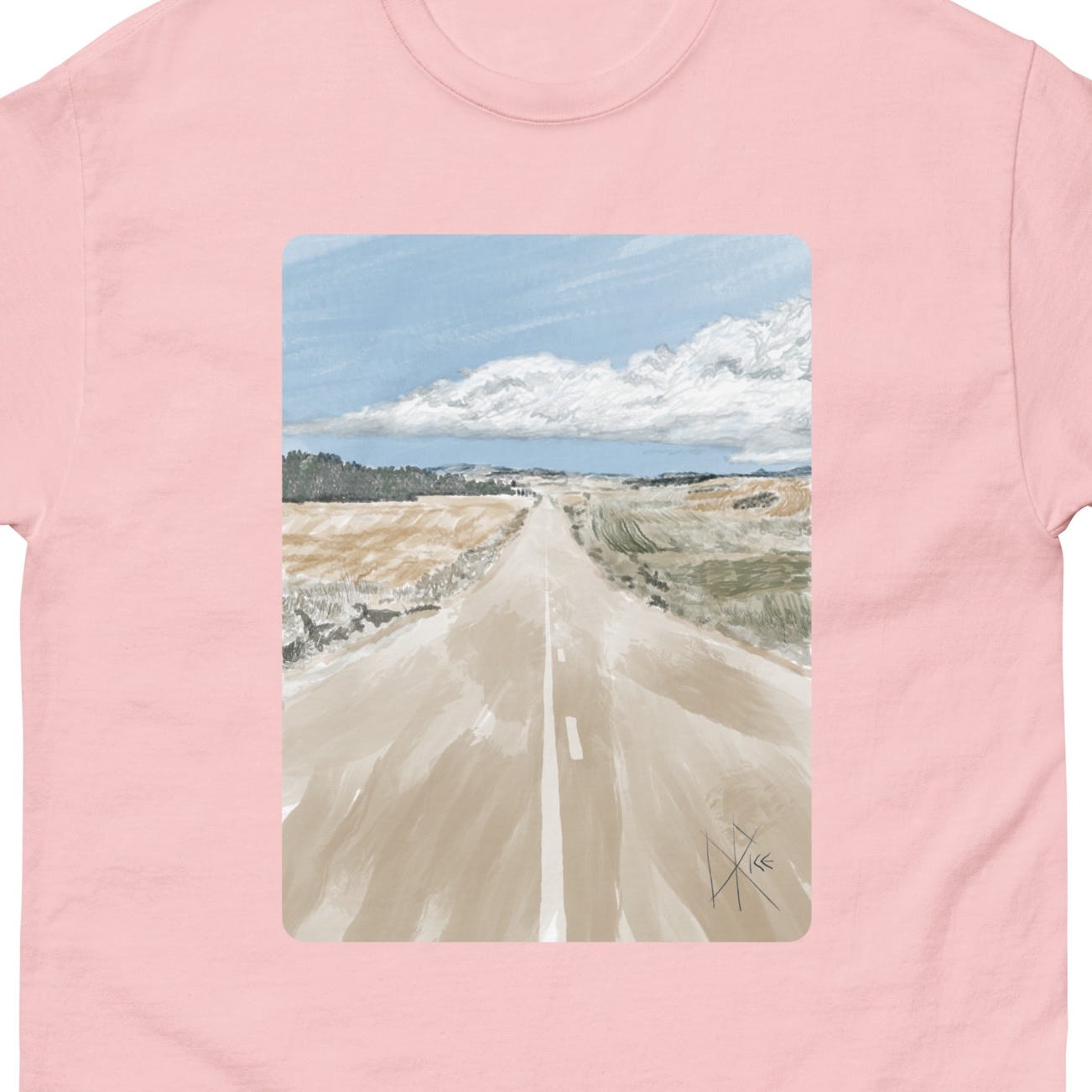 A road stretches into the distance with fields on either side, leading toward a horizon of hills below a partly cloudy sky. Sketch art by Don Rice. A road stretches into the distance with fields on either side, leading toward a horizon of hills below a partly cloudy sky. Sketch art by Don Rice.
