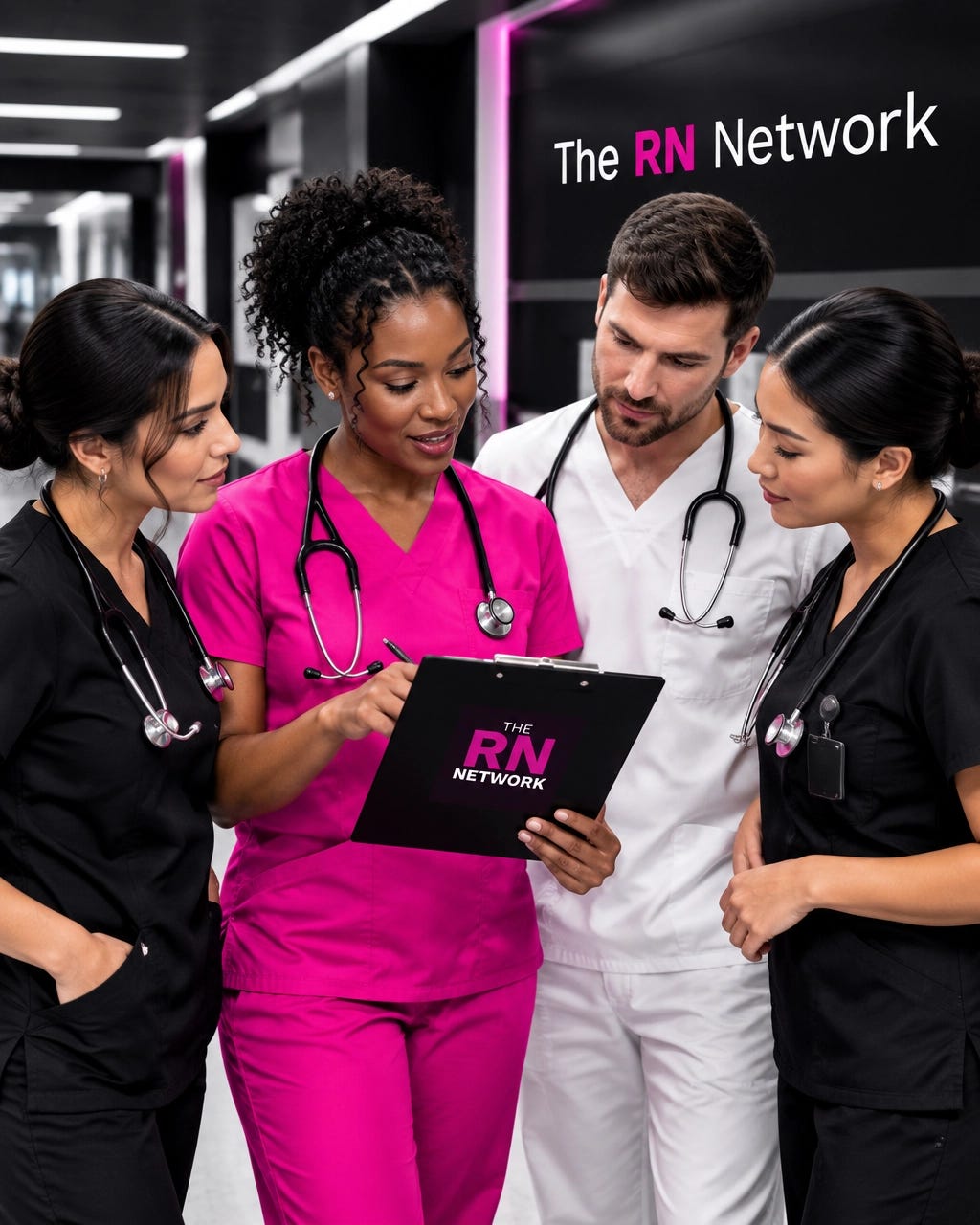 A group of registered nurses in pink and neutral scrubs discussing different nursing specialty career paths A group of registered nurses in pink and neutral scrubs discussing different nursing specialty career paths