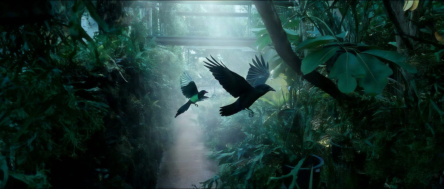 Two ravens in silhouette fly through a lush green jungle corridor lit by soft daylight filtering through the dense canopy. AI-generated illustration.